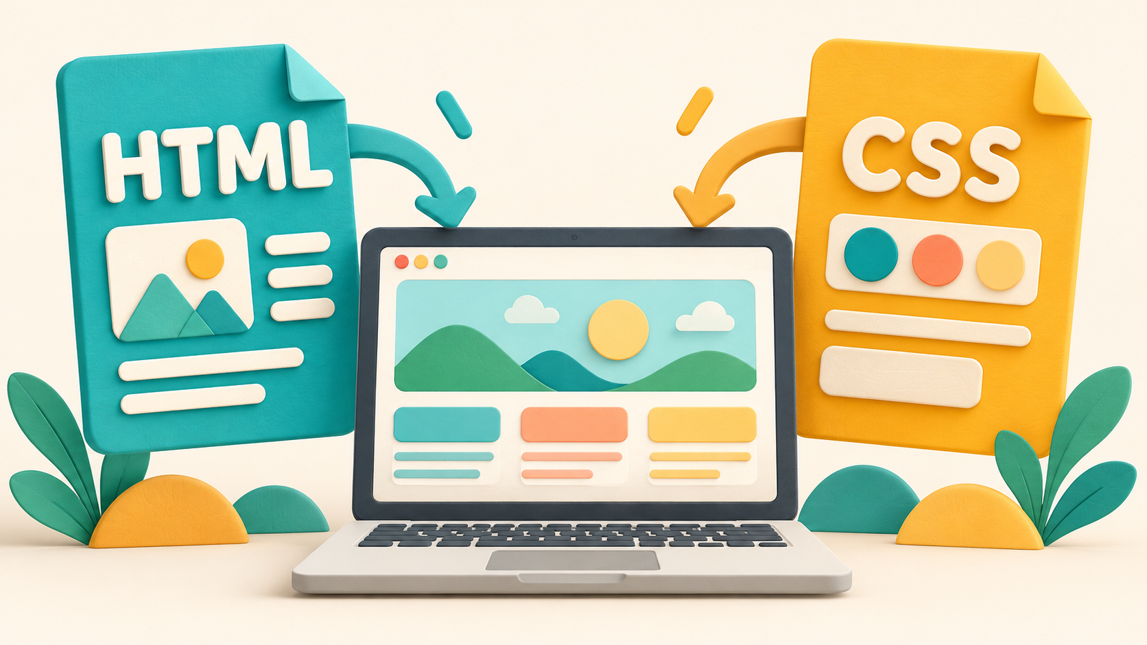 HTMLとCSSのファイルを組み合わせてWebページを表示するイメージ
