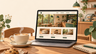 カフェのWebページを表示したノートパソコンとコーヒーのイメージ